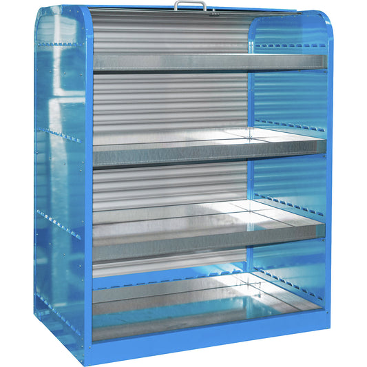 Steel hazardous goods storage with roller shutter, for small containers, 4 tray shelves, blue.