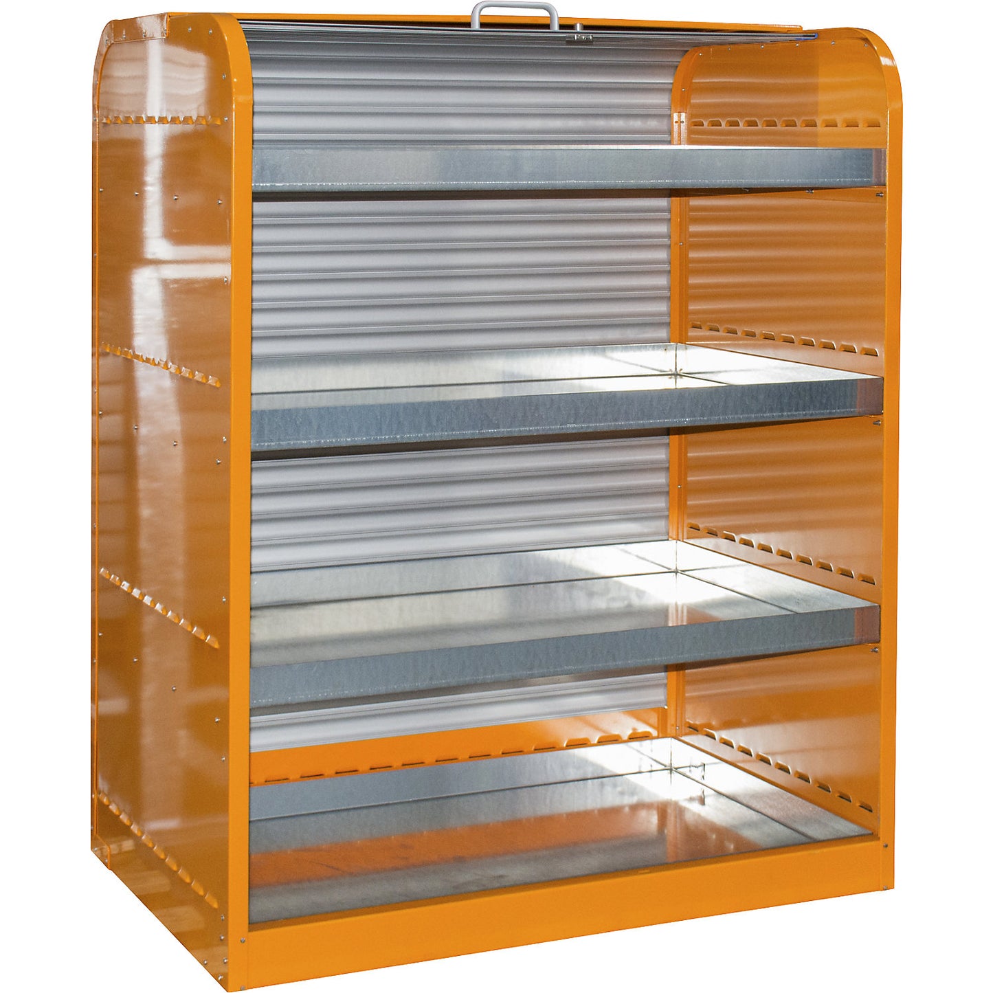 Steel hazardous goods storage with roller shutter, for small containers, 4 tray shelves, orange.