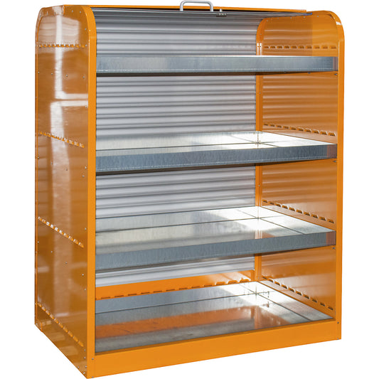 Steel hazardous goods storage with roller shutter, for small containers, 4 tray shelves, orange.