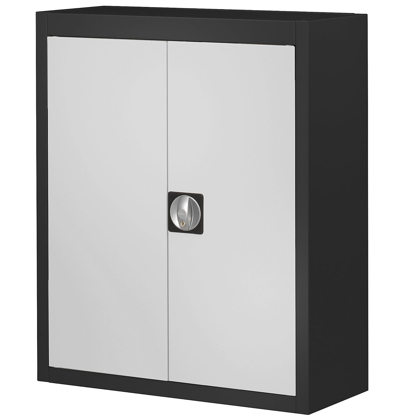 Storage cupboard, without open fronted storage bins, HxWxD 820 x 680 x 280 mm, two-colour, black body, grey doors.