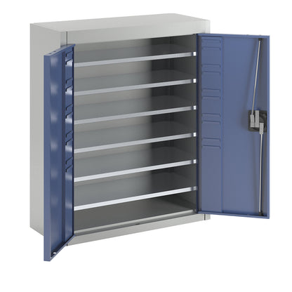 Storage cupboard, without open fronted storage bins, HxWxD 820 x 680 x 280 mm, two-colour, grey body, blue doors.