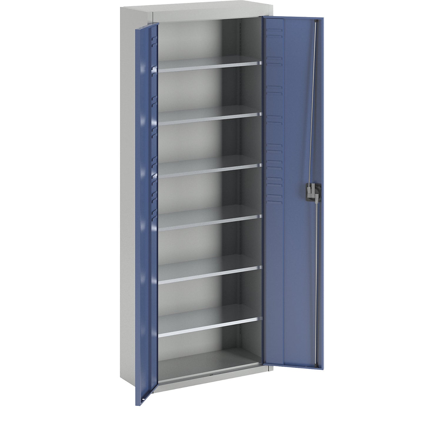 Storage cupboard, without open fronted storage bins, HxWxD 1740 x 680 x 280 mm, two-colour, grey body, blue doors.
