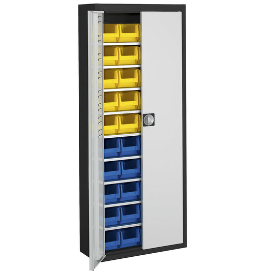 Storage cupboard with open fronted storage bins, HxWxD 1740 x 680 x 280 mm, two-colour, black body, grey doors, 40 bins.