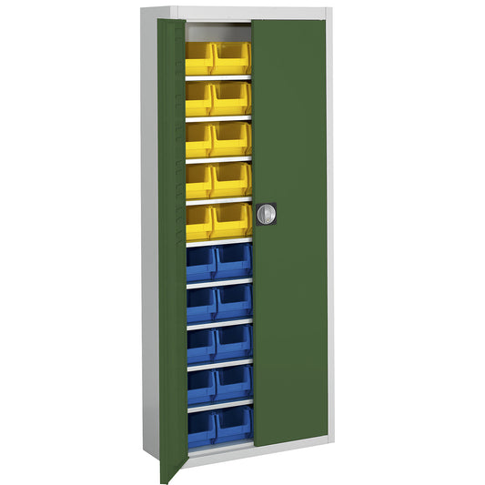 Storage cupboard with open fronted storage bins, HxWxD 1740 x 680 x 280 mm, two-colour, grey body, green doors, 40 bins.