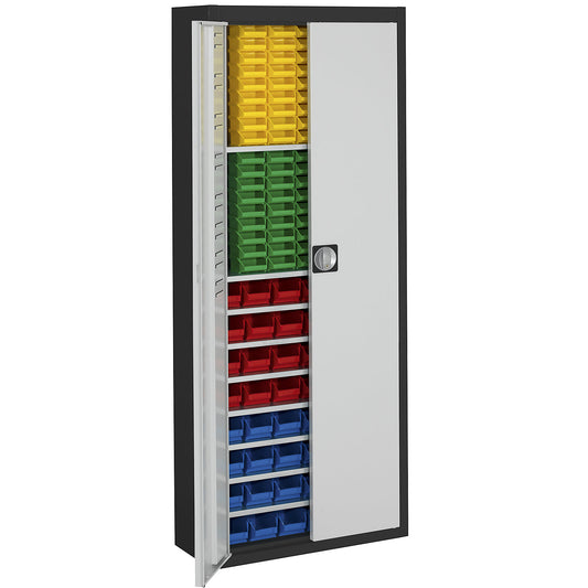 Storage cupboard with open fronted storage bins, HxWxD 1740 x 680 x 280 mm, two-colour, black body, grey doors, 138 bins.