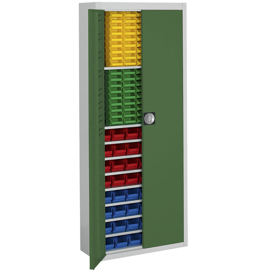 Storage cupboard with open fronted storage bins, HxWxD 1740 x 680 x 280 mm, two-colour, grey body, green doors, 138 bins.