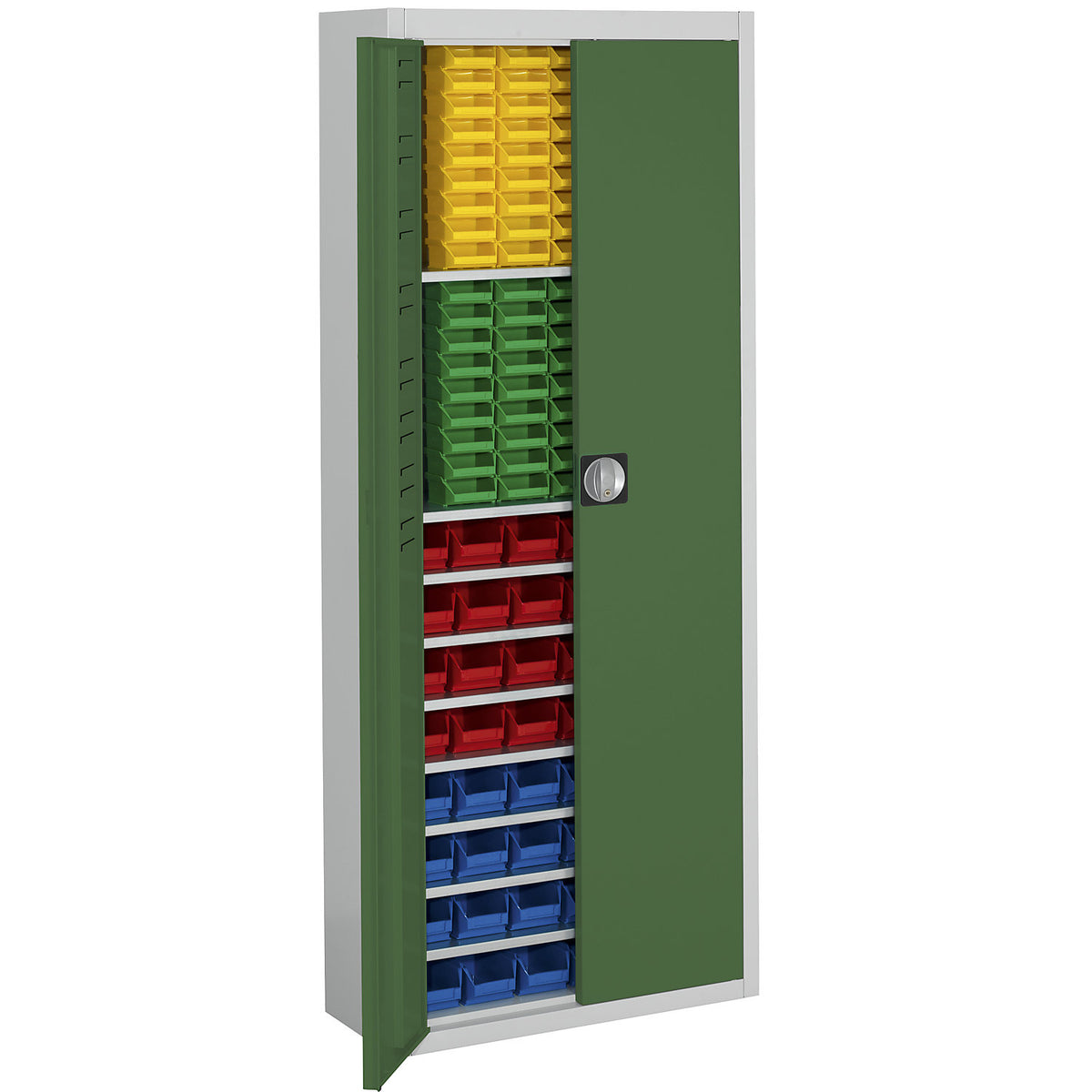 Storage cupboard with open fronted storage bins, HxWxD 1740 x 680 x 280 mm, two-colour, grey body, green doors, 138 bins.