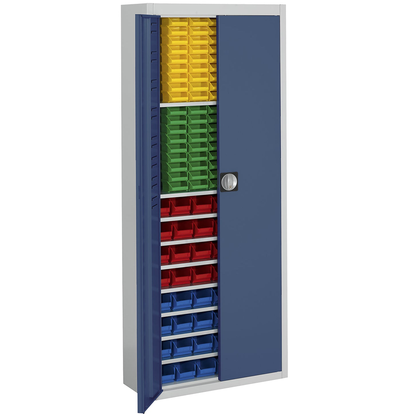 Storage cupboard with open fronted storage bins, HxWxD 1740 x 680 x 280 mm, two-colour, grey body, blue doors, 138 bins.