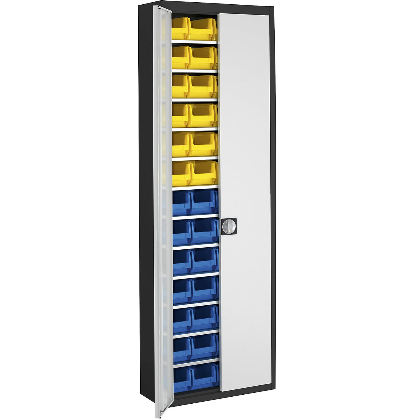 Storage cupboard with open fronted storage bins, HxWxD 2150 x 680 x 280 mm, two-colour, black body, grey doors, 52 bins.