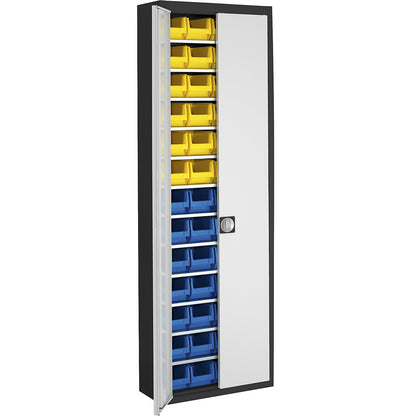 Storage cupboard with open fronted storage bins, HxWxD 2150 x 680 x 280 mm, two-colour, black body, grey doors, 52 bins.