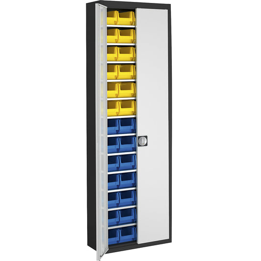 Storage cupboard with open fronted storage bins, HxWxD 2150 x 680 x 280 mm, two-colour, black body, grey doors, 52 bins.