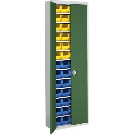 Storage cupboard with open fronted storage bins, HxWxD 2150 x 680 x 280 mm, two-colour, grey body, green doors, 52 bins.