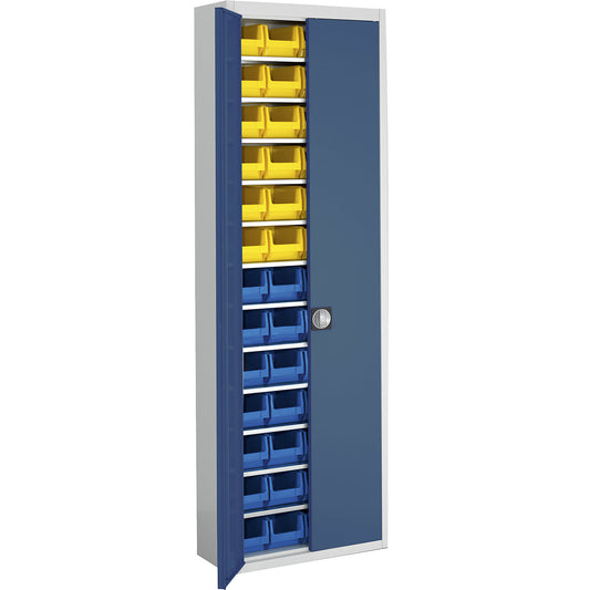 Storage cupboard with open fronted storage bins, HxWxD 2150 x 680 x 280 mm, two-colour, grey body, blue doors, 52 bins.