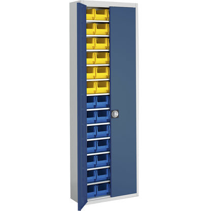 Storage cupboard with open fronted storage bins, HxWxD 2150 x 680 x 280 mm, two-colour, grey body, blue doors, 52 bins.