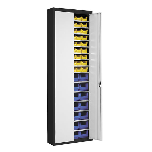 Storage cupboard with open fronted storage bins, HxWxD 2150 x 680 x 280 mm, two-colour, black body, grey doors, 82 bins.
