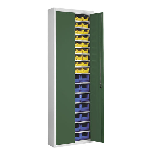 Storage cupboard with open fronted storage bins, HxWxD 2150 x 680 x 280 mm, two-colour, grey body, green doors, 82 bins.