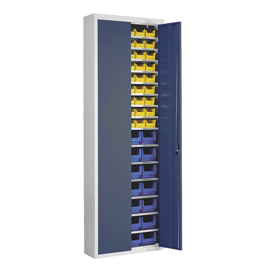 Storage cupboard with open fronted storage bins, HxWxD 2150 x 680 x 280 mm, two-colour, grey body, blue doors, 82 bins.