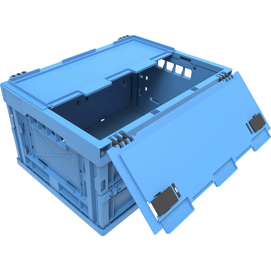 Polypropylene folding box, capacity 22 l, with hinged lid, blue.