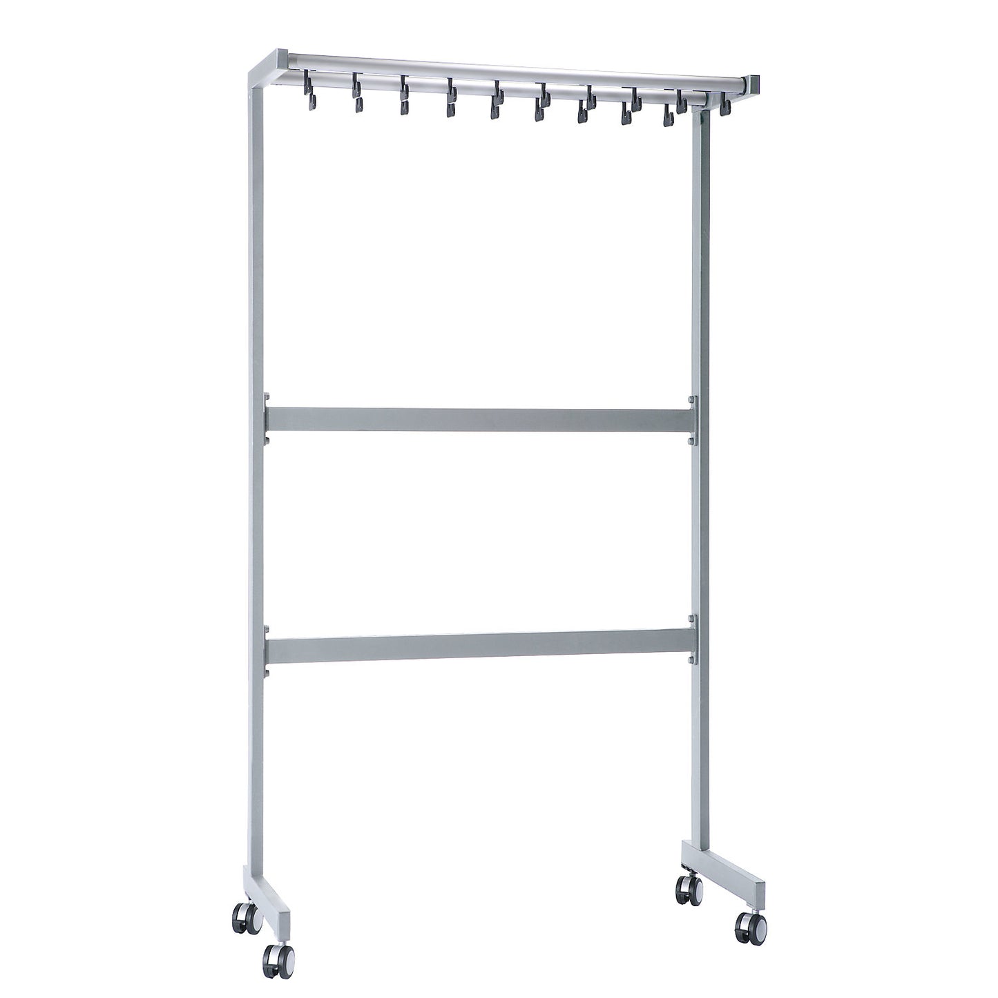 Single sided coat rail, without coat hangers, black, with umbrella holder.