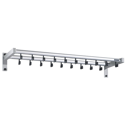 Wall mounted coat rack, with hat shelf, 19 coat hooks, without coat hangers, silver.