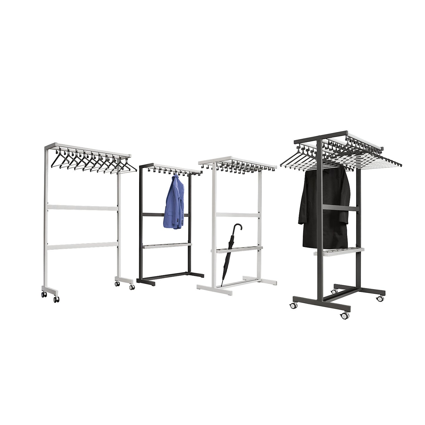 Single sided coat rail, with coat hangers, silver, without umbrella holder.