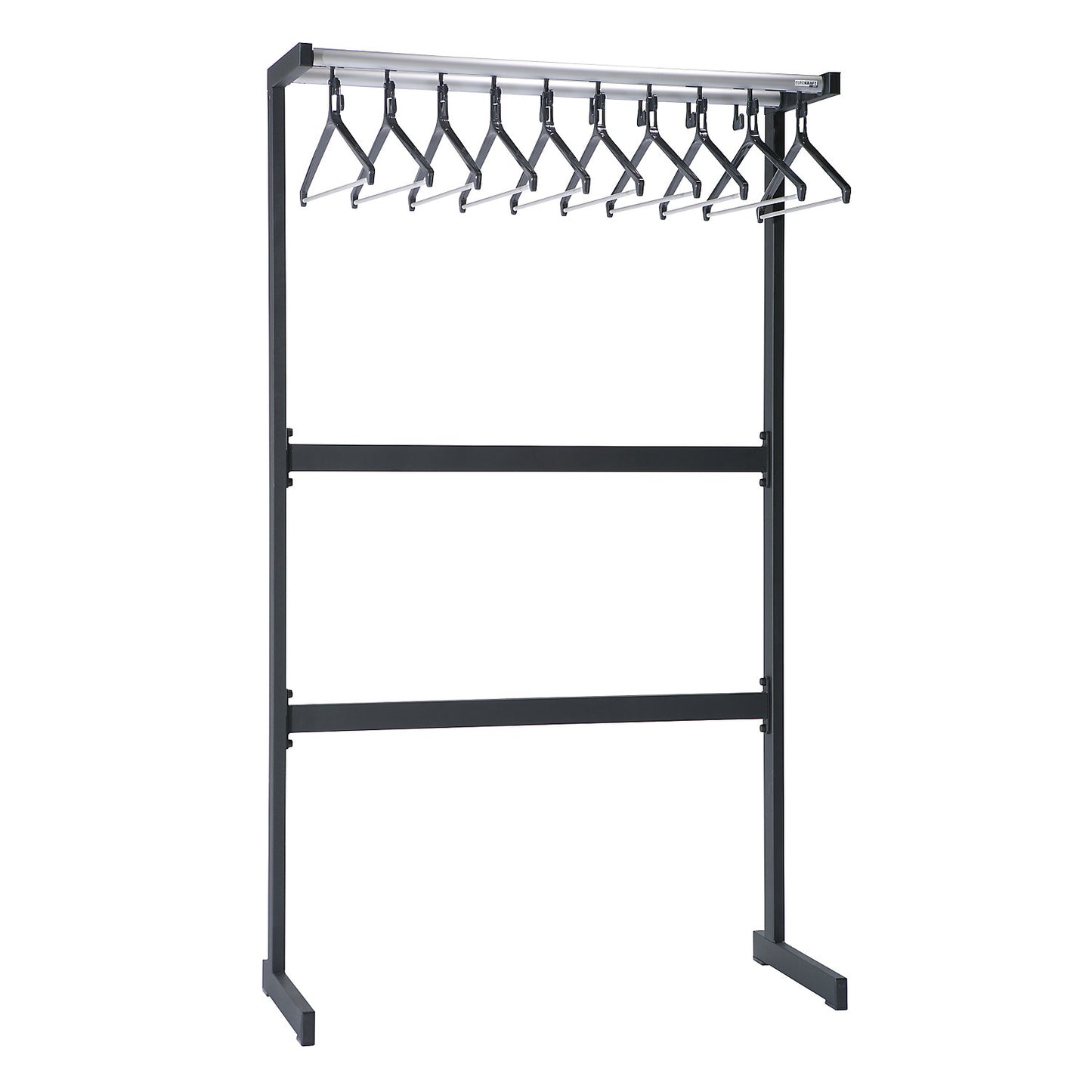 Single sided coat rail, with coat hangers, black, without umbrella holder.