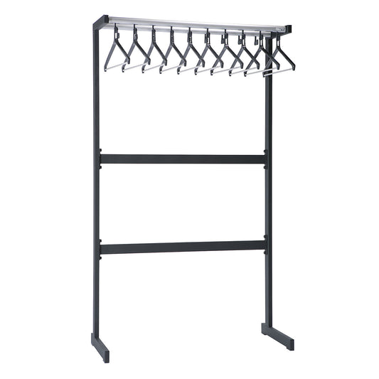 Single sided coat rail, with coat hangers, black, without umbrella holder.