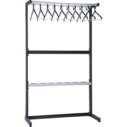Single sided coat rail, with coat hangers, black, with umbrella holder.