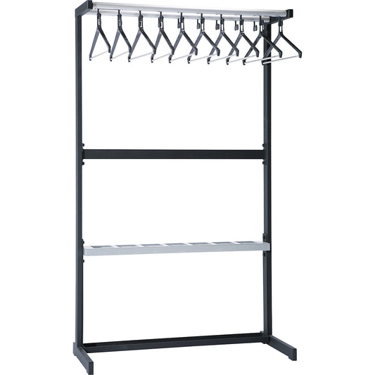 Single sided coat rail, with coat hangers, black, with umbrella holder.