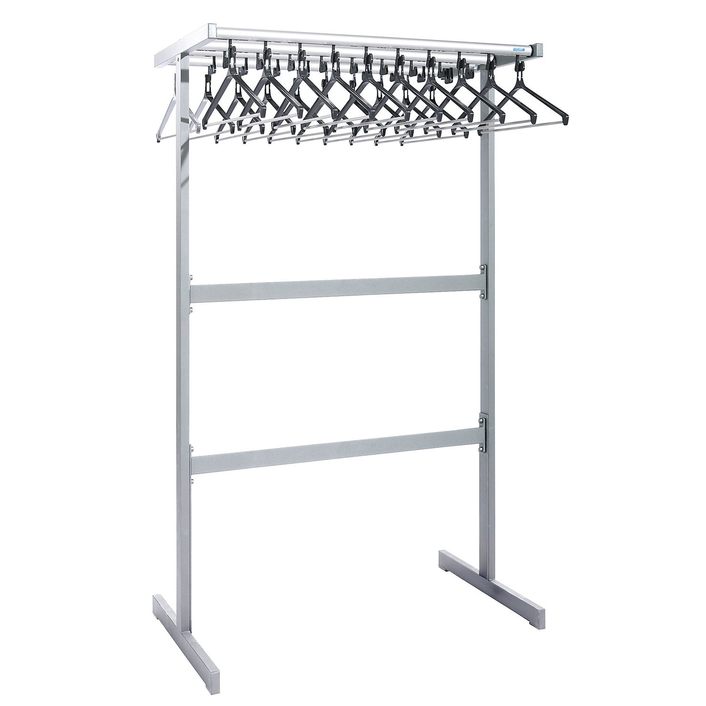 Double sided coat rail, with coat hangers, silver, without umbrella holder.
