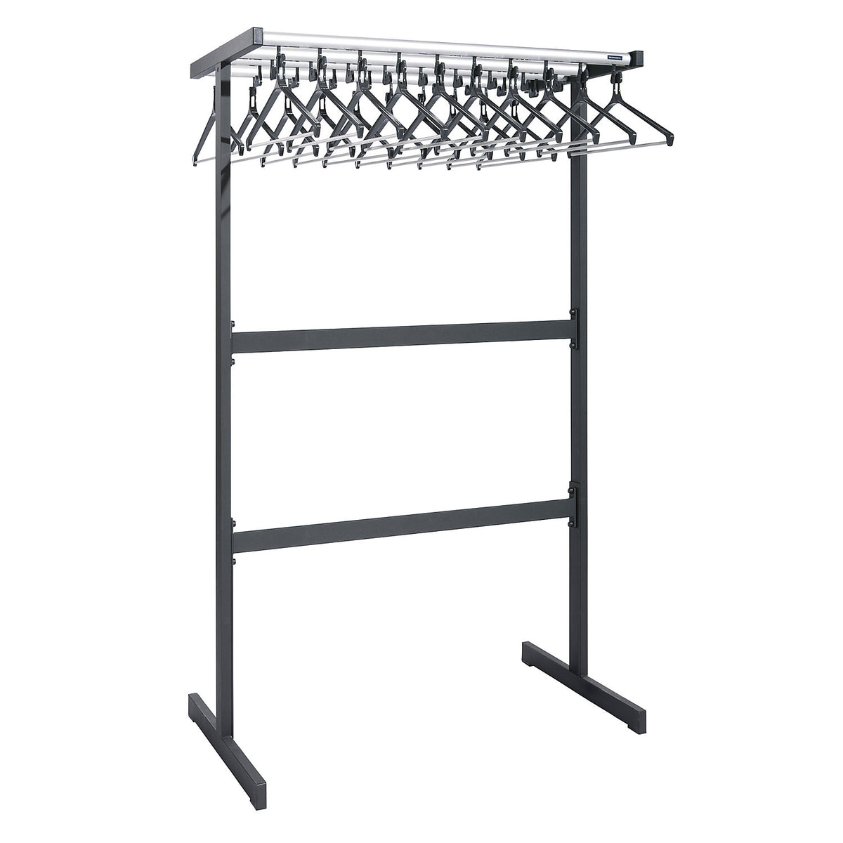 Double sided coat rail, with coat hangers, black, without umbrella holder.