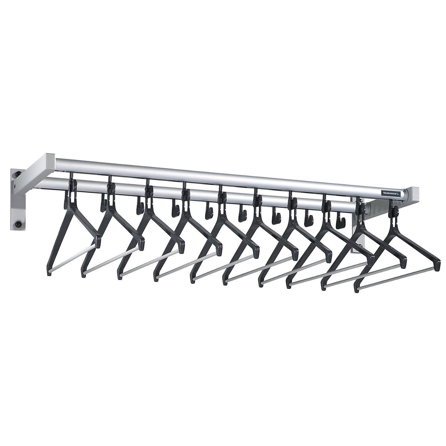 Wall mounted coat rack, with hat shelf, 19 coat hooks, 10 coat hangers, silver.