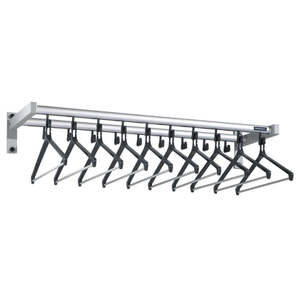 Wall mounted coat rack, with hat shelf, 19 coat hooks, 10 coat hangers, silver.