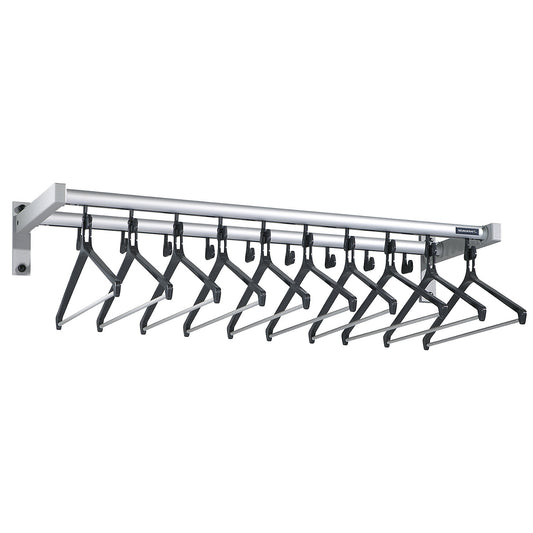 Wall mounted coat rack, with hat shelf, 19 coat hooks, 10 coat hangers, silver.