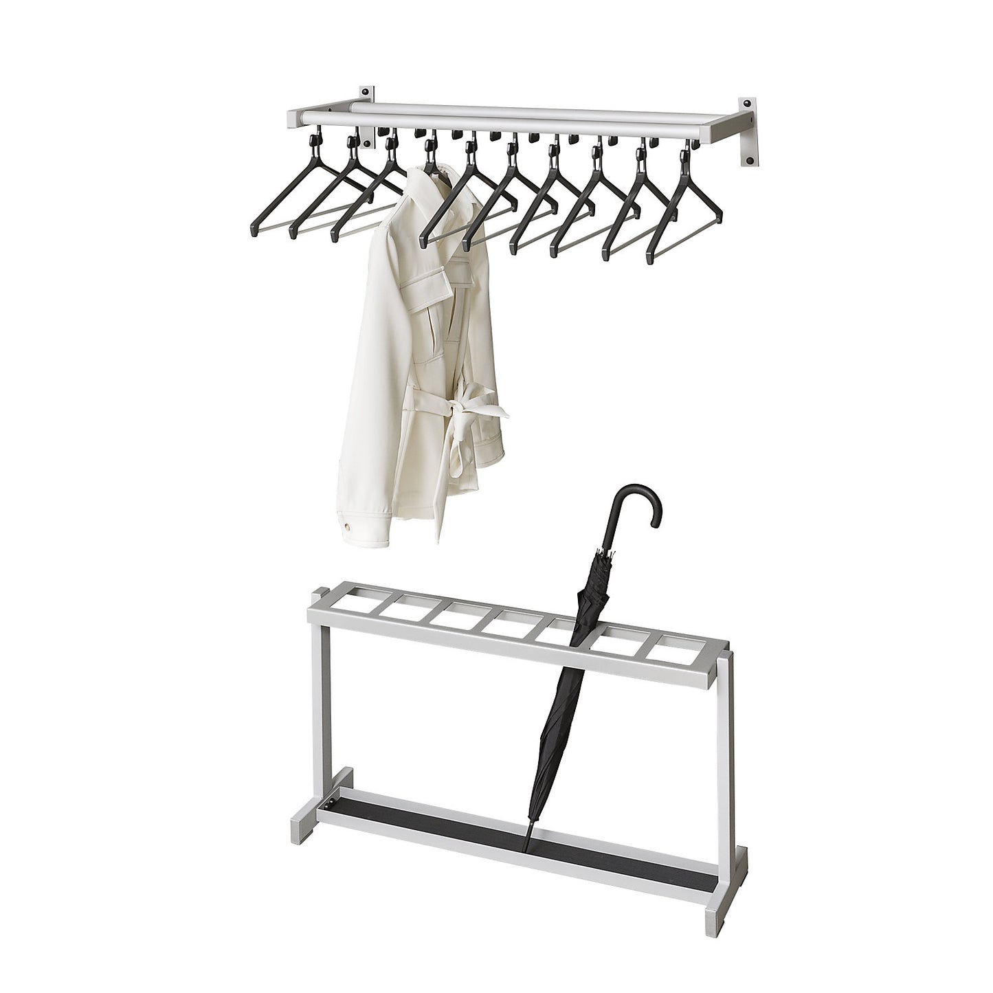 Wall mounted coat rack, with hat shelf, 19 coat hooks, 10 coat hangers, silver.
