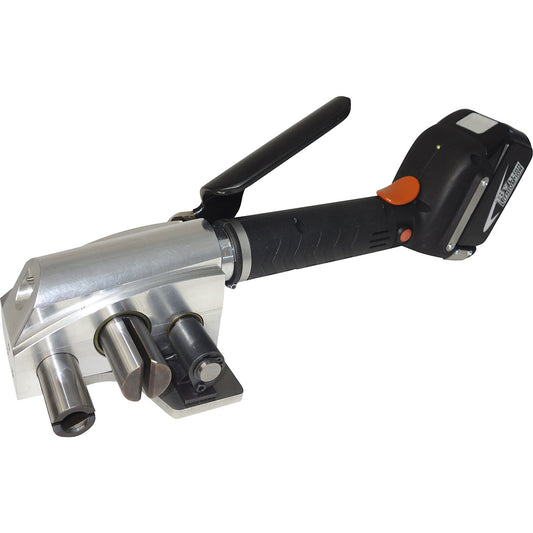 Tensioning tool for composite and PET kraftband, powered by rechargeable batteries, for strap width 16 - 40 mm.