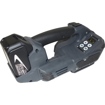 Rechargeable strapping tool for PP and PET strapping, fully automatic, for strap width 12 - 16 mm.