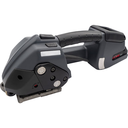 Rechargeable hand strapping tool for steel strapping, fully automatic, for strap width 13, 16, 19 mm.