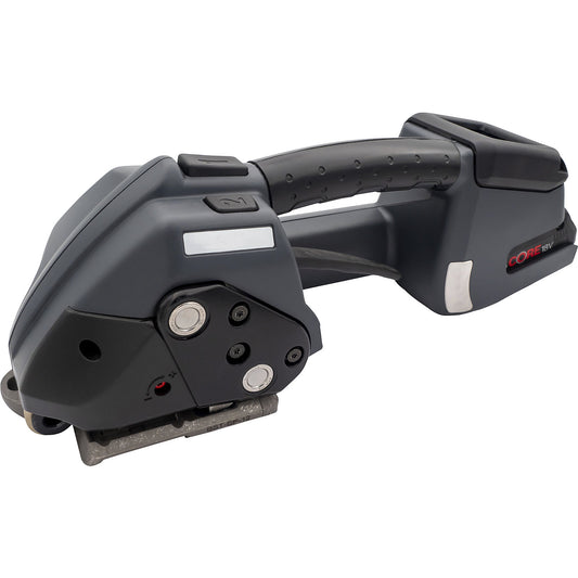 Rechargeable hand strapping tool for steel strapping, fully automatic, for strap width 13, 16, 19 mm.