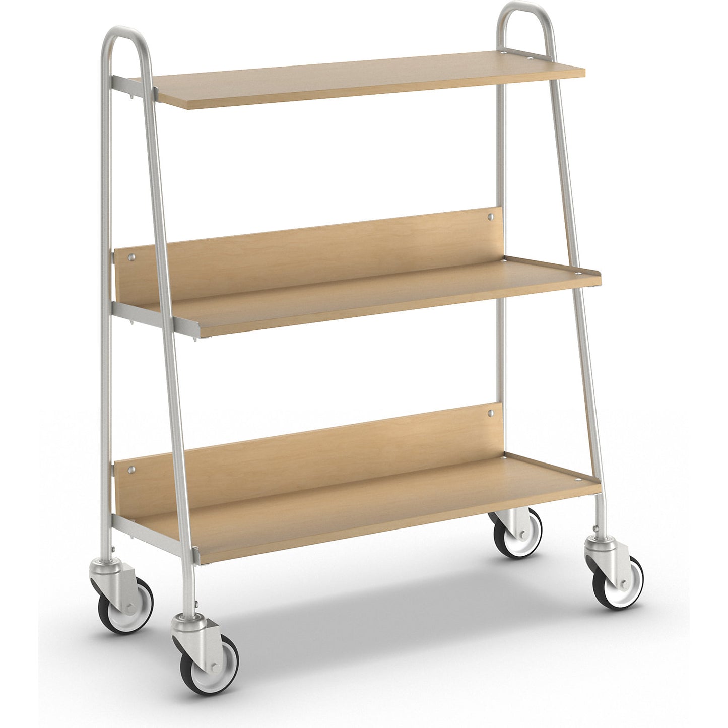 Folder trolley with 2 shelves, LxWxH 850 x 350 x 1070 mm, silver / maple wood finish.
