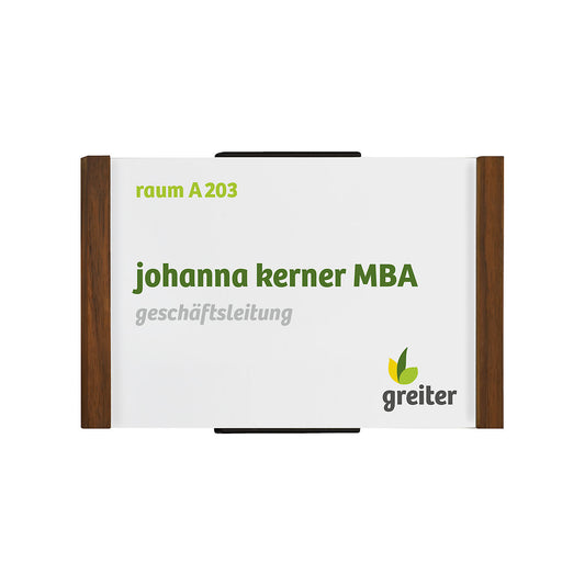 Aluminium-wood series direction sign, A6 landscape, HxW 103 x 157 mm, walnut.