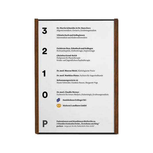 Aluminium-wood series direction sign, black, A4 portrait, HxW 299.5 x 218.5 mm, walnut.