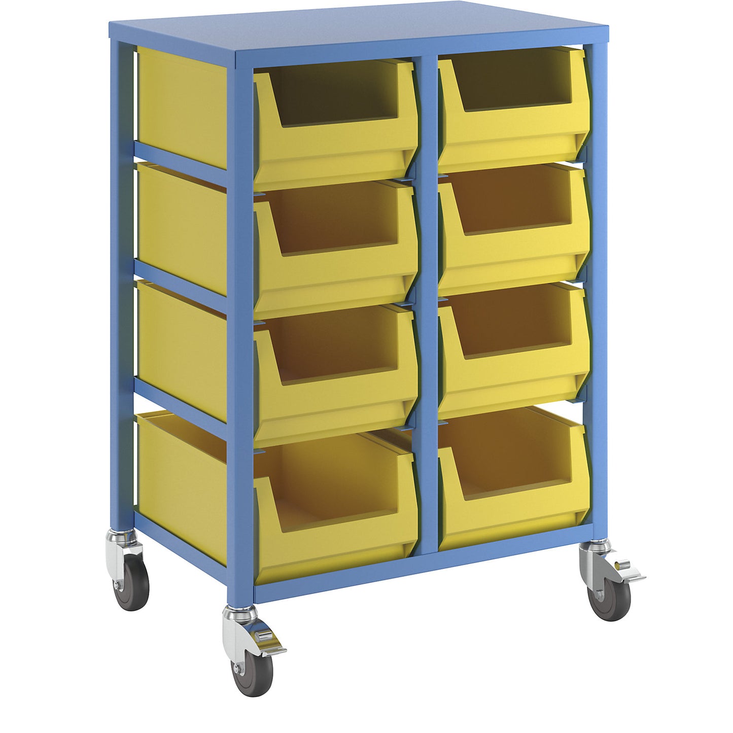 Order picking trolley, light blue RAL 5012, height 1050 mm, with 8 x 23 litre plastic containers.