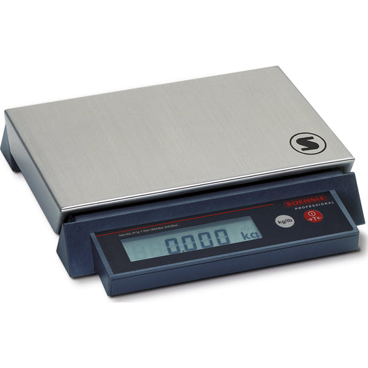 Compact scales, with dust and splash water protection, weighing range up to 6 kg, read-out accuracy 1 g, weighing plate 295 x 210 mm.