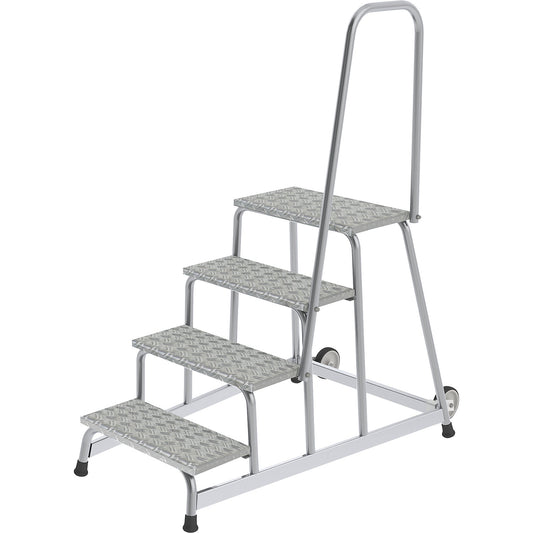 Machine step, mobile, 2 fixed castors, hand rail on one side, 4 steps, WxD 800 x 1130 mm.