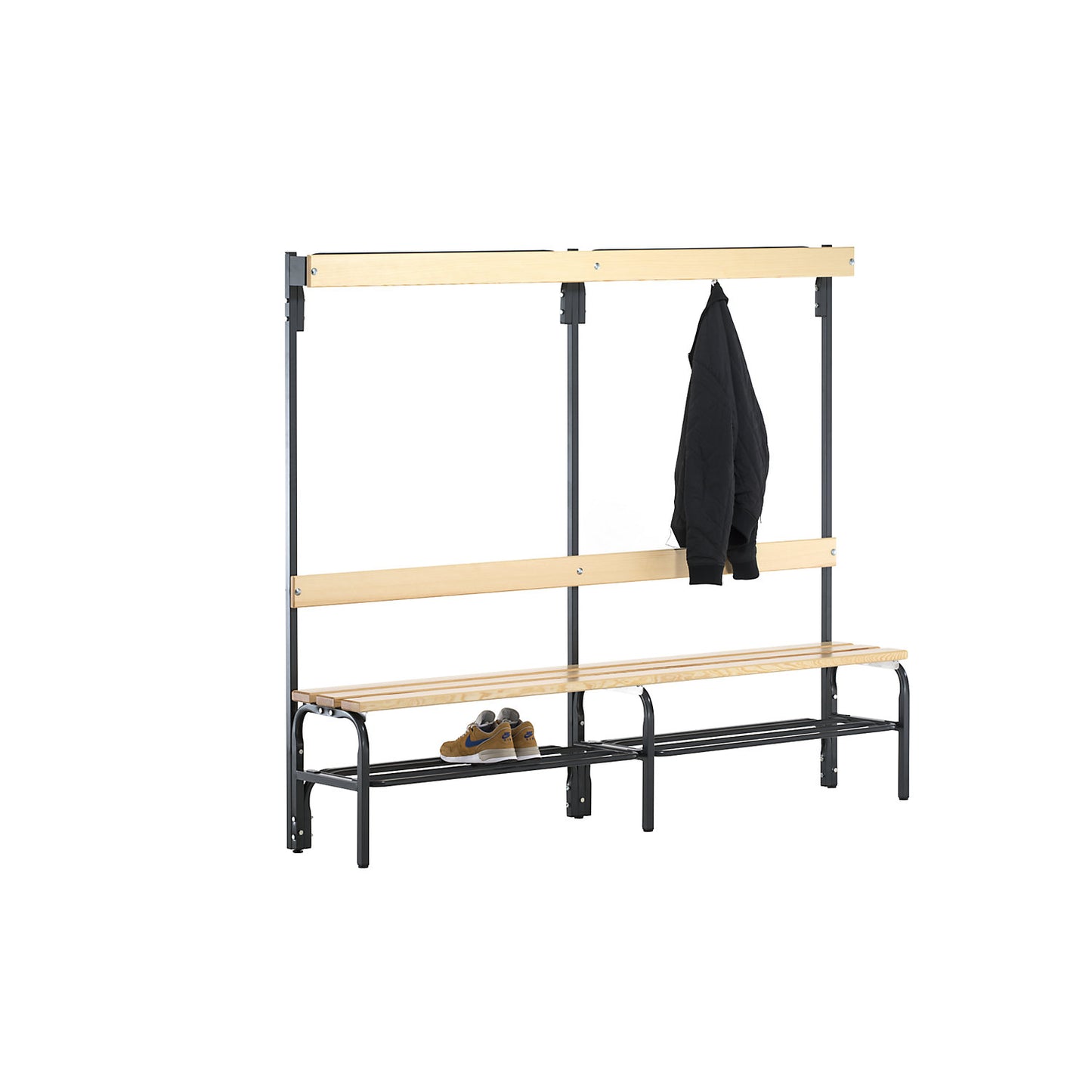 Changing room bench with hook strips, on one side, 4 hooks 1500 mm, charcoal, shoe rack.