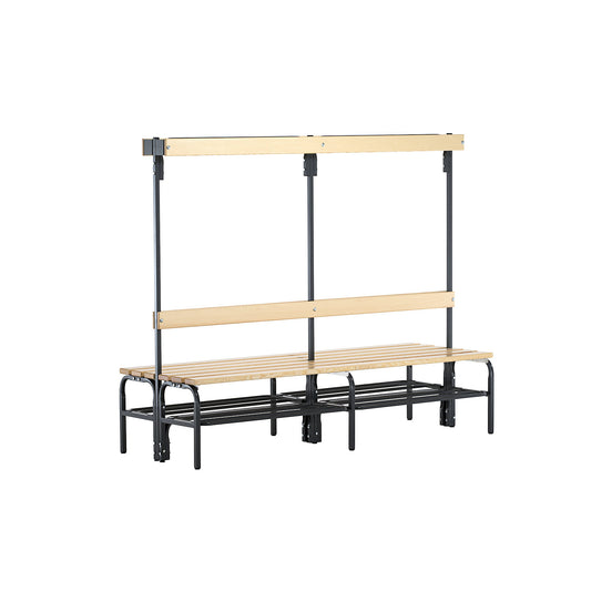 Changing room bench with hook strips, on both sides, 8 hooks 1500 mm, charcoal, shoe rack.
