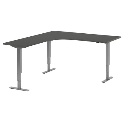 Atlanta desk, electrically height adjustable, L-shaped, WxD 1800 x 2000 mm, dark grey/silver, left.