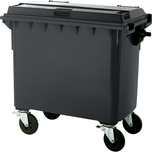 Plastic waste container, DIN EN 840, capacity 660 l, WxHxD 1360 x 1235 x 765 mm, charcoal.