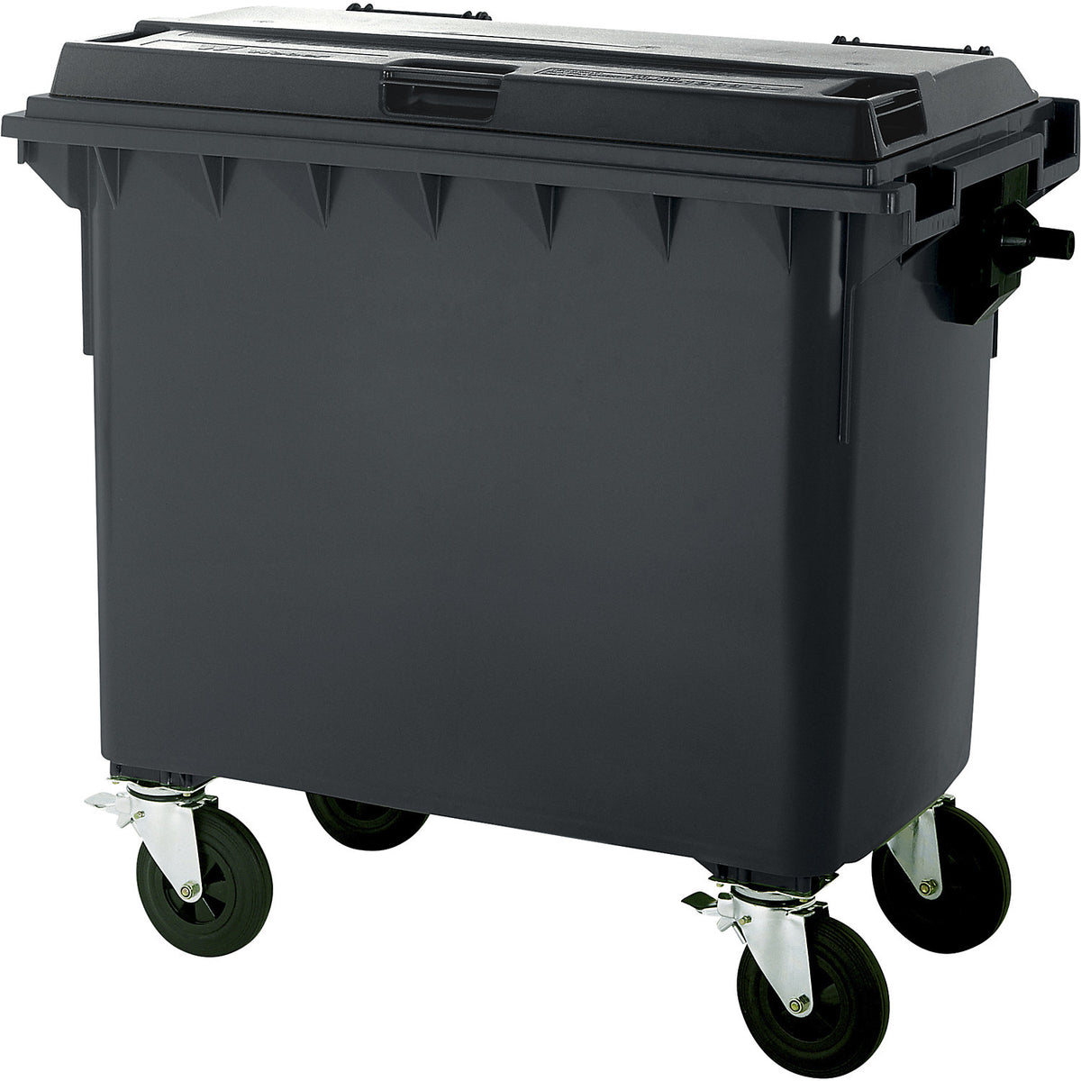 Plastic waste container, DIN EN 840, capacity 660 l, WxHxD 1360 x 1235 x 765 mm, charcoal.